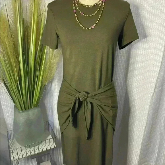 Theory Women’s P Small Knotted Tie Front Olive Green Above Knee T Shirt Dress - Picture 5 of 11
